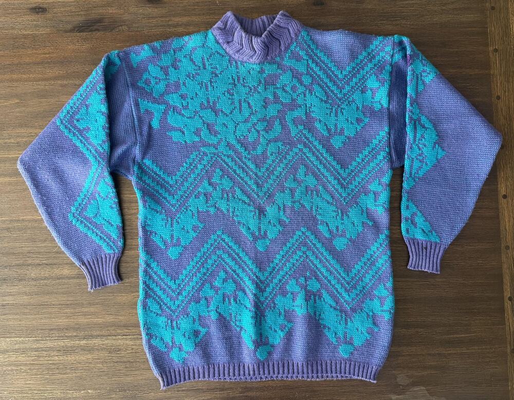 Vintage Virgin Wool Sweater Womens Small Purple Turquoise 80s 90s Eclectic